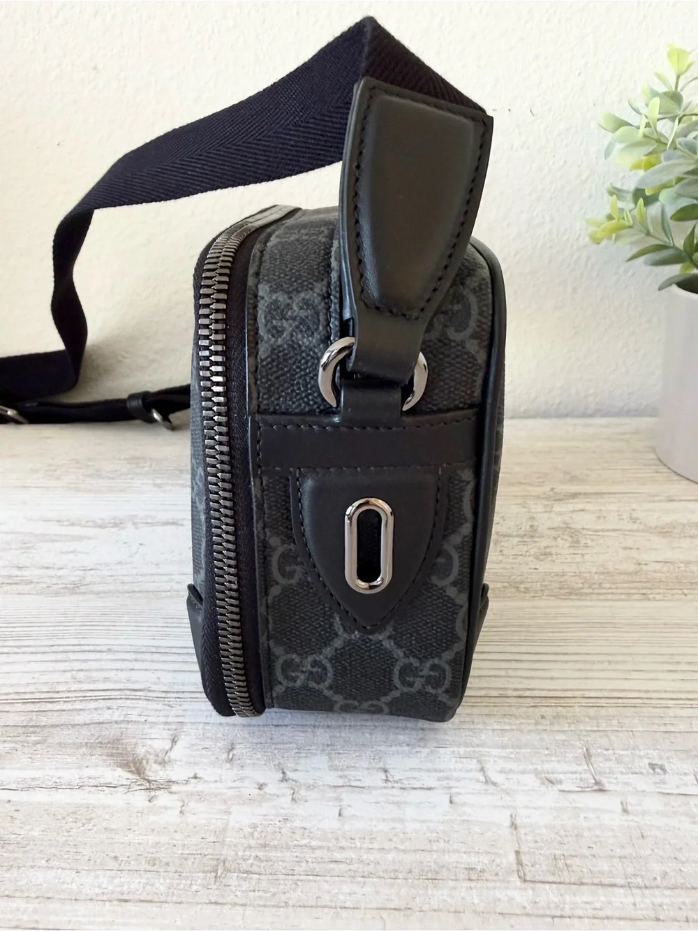 New Gucci GG Emblem canvas men mini crossbody bag, black